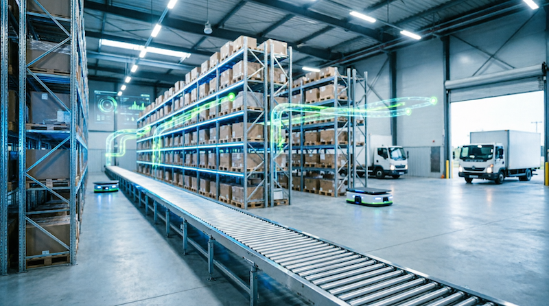 Automated warehouse with conveyor belts, robots and delivery vans with a route overlay — Ttish Labs LogiTrack